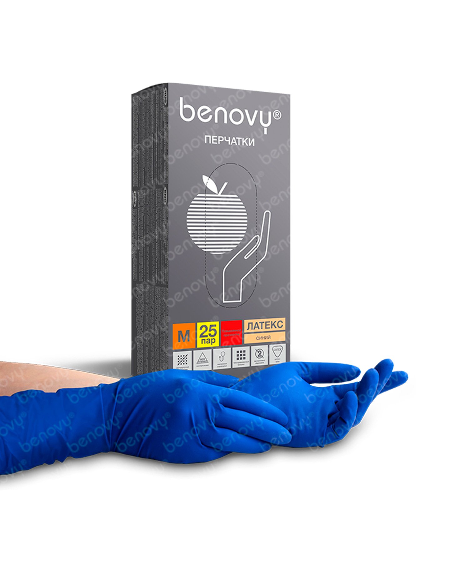 158204 Перчатки одноразовые Benovy латексные повышенной плотности синие (цена за 25 пар)(х1х10уп.)