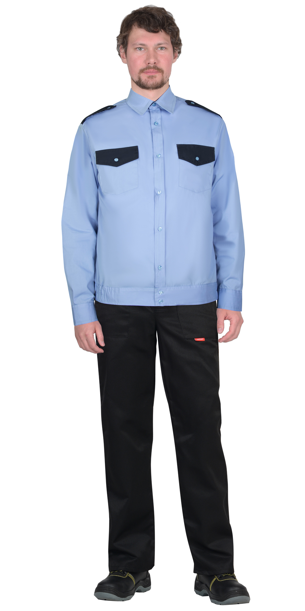 155986 Рубашка Охранника дл. рукав голубая с т.синим на резинке (ЧЗ)