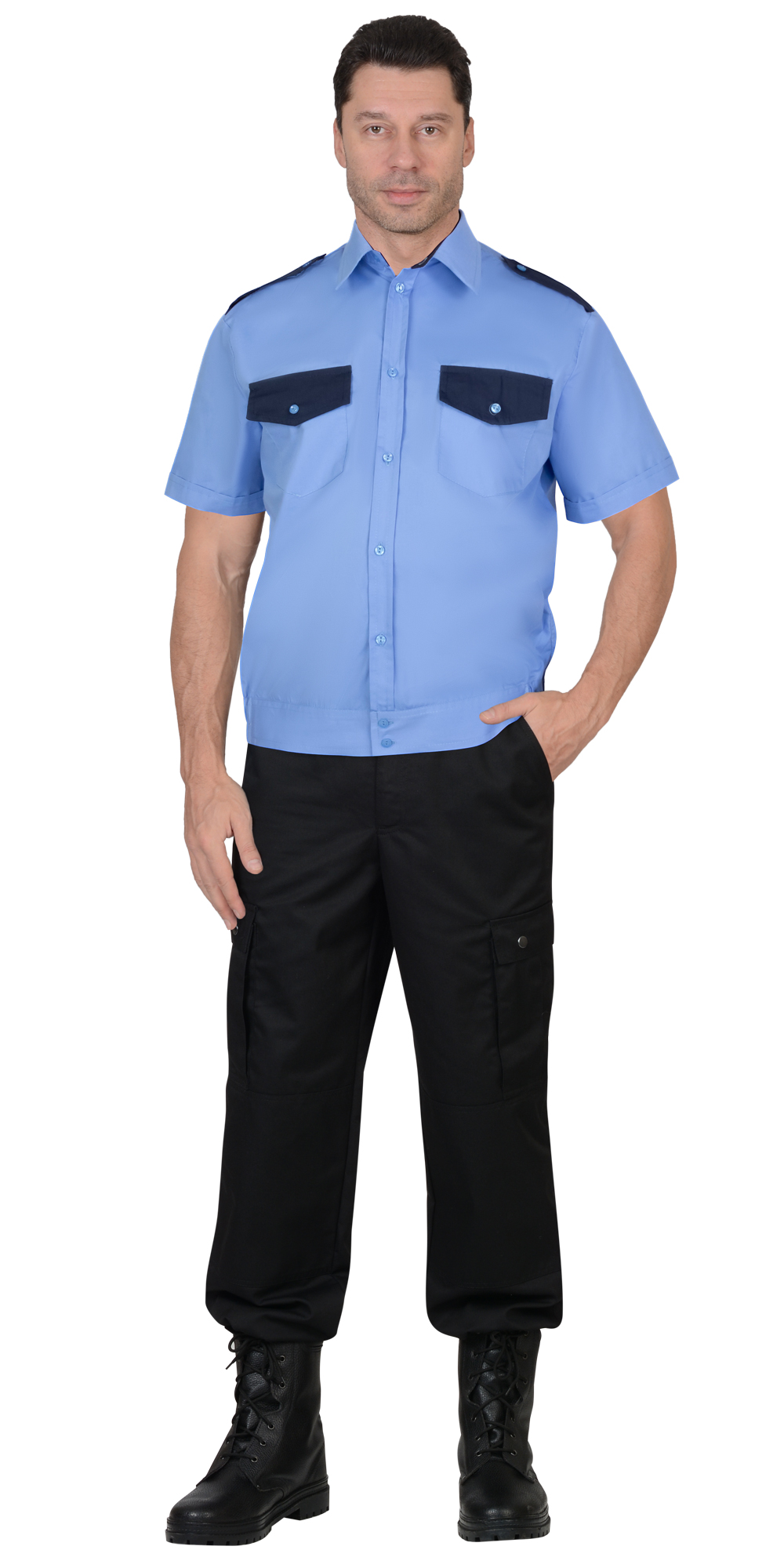 156006 Рубашка Охранника кор. рукав голубая с т.синим на резинке (ЧЗ)